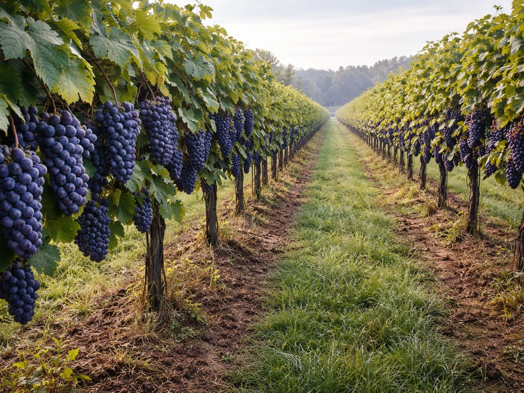 Sunlit Concord grape vines heavy with purple clusters in a cold-climate vineyard.