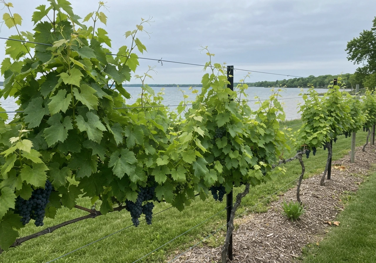 Grape vines on a trellis thriving in Michigan near a lake, with seasonal foliage and grape clusters.