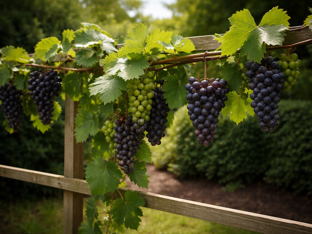 Lush UK grapevine on a trellis with mature grape bunches ready for harvest