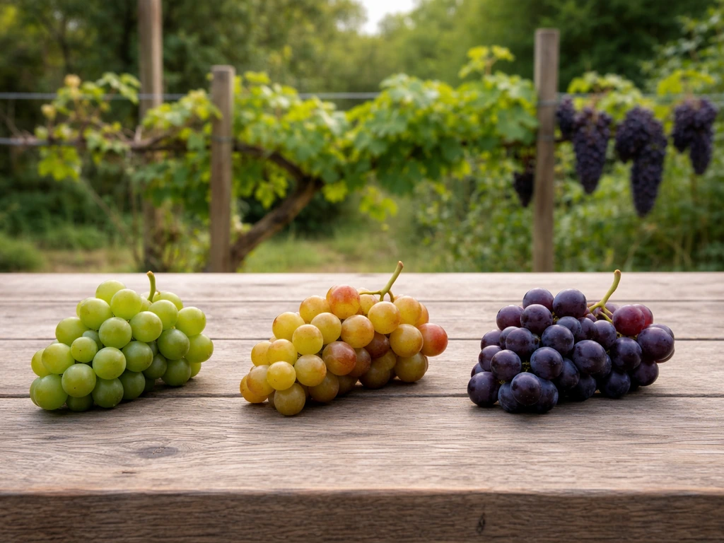 Three grape bunches on a wooden table—green, amber, and ripe purple—suggesting early to late ripening.