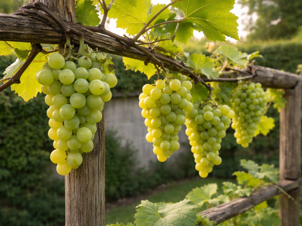 Early-ripening white grape vine with green bunches in a UK garden, softly lit natural scene.