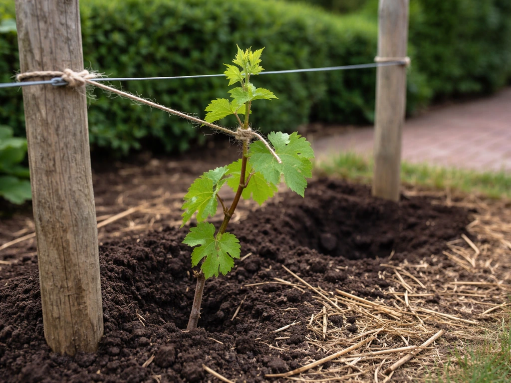 Young grapevine tied to simple wire trellis in an English garden border, soil and planting spot visible.