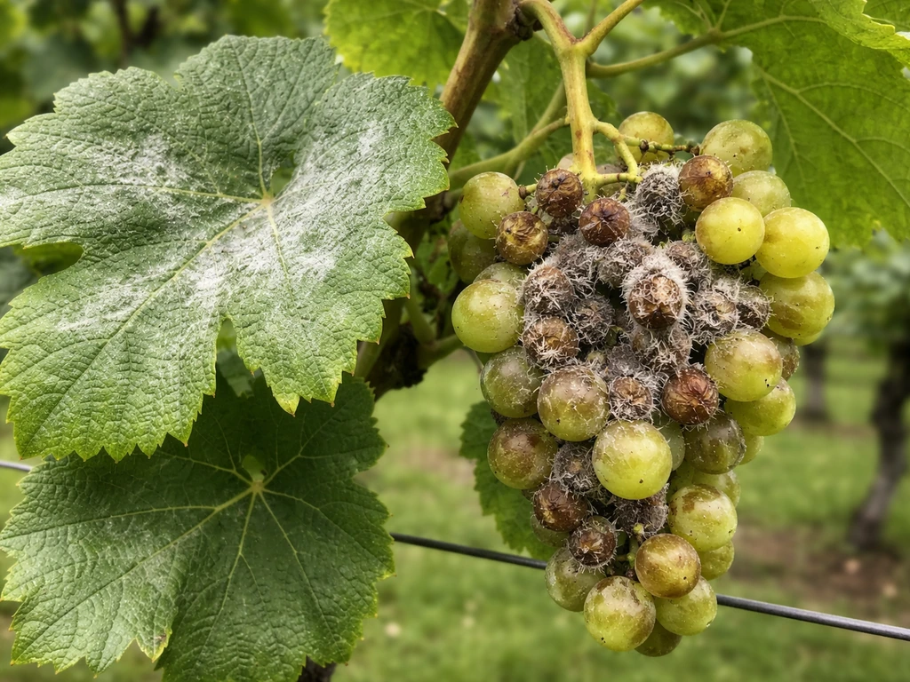 Grape leaves showing powdery mildew and grey mould symptoms on bunches in soft daylight