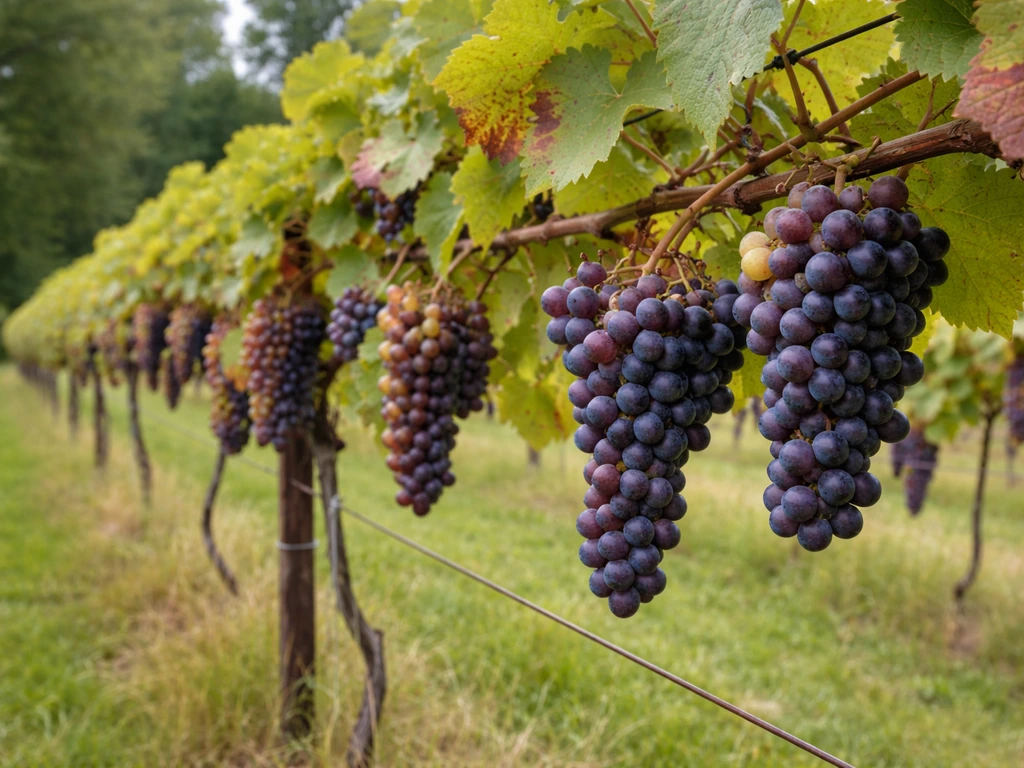 Cold-hardy grape vines on a two-wire trellis in Wisconsin with ripe clusters in late summer