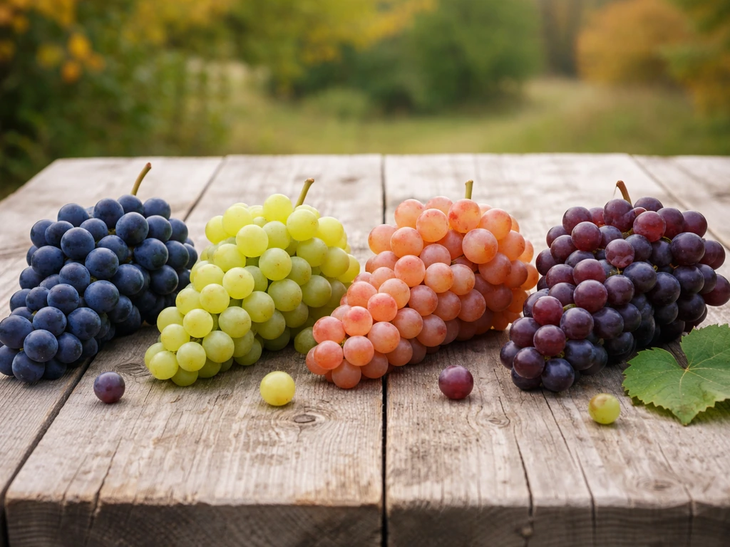 Four cold-hardy grape clusters with different colors arranged on a rustic table.