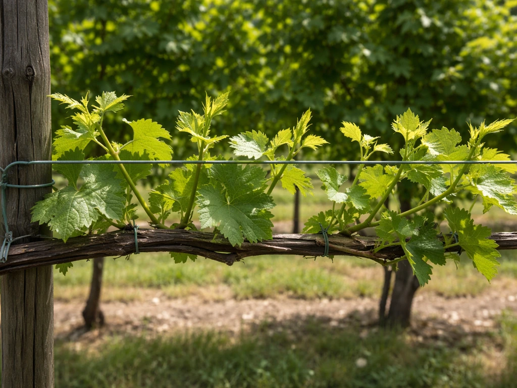 Close-up of summer grapevine shoots tucked between trellis wires with an open, leafy canopy.