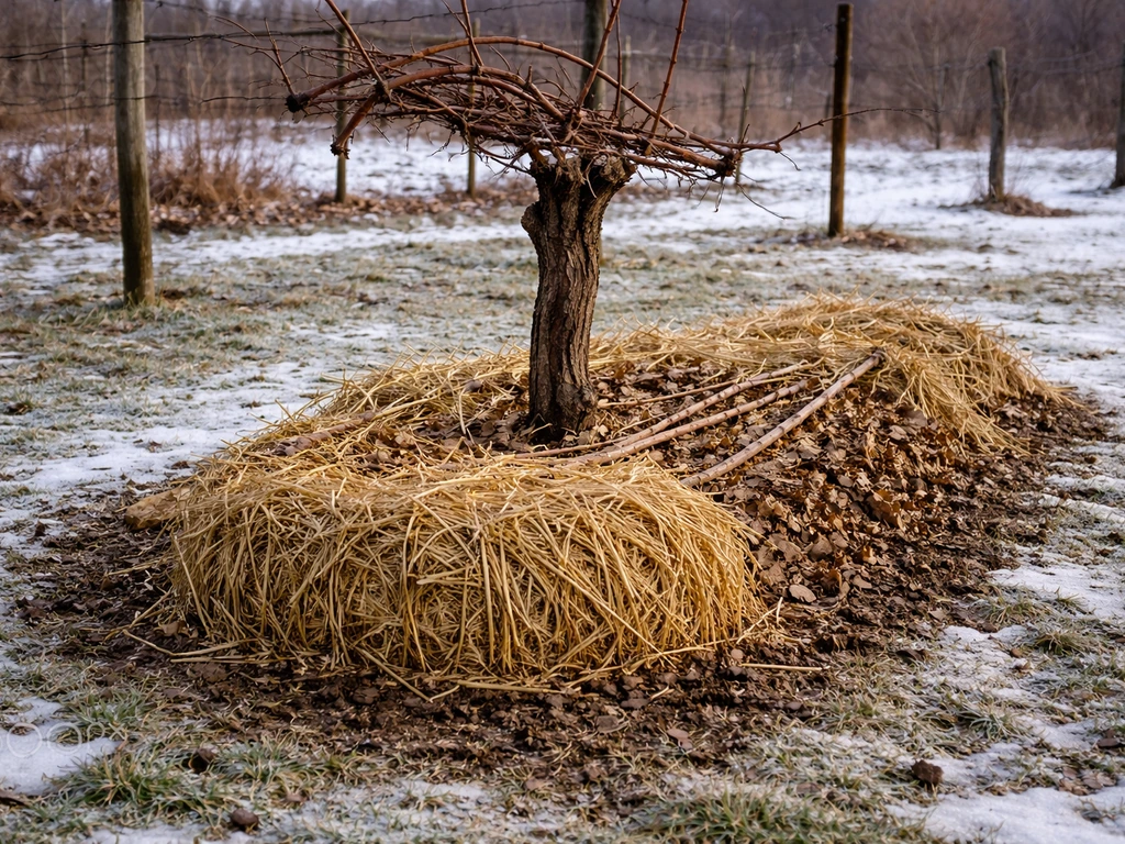 Grapevine winter protection with straw insulation around the base and covered canes in cold Wisconsin ground.