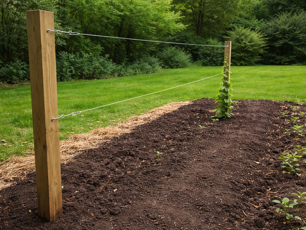 Two-wire trellis with tensioned wires and a trained climbing vine between sturdy posts in a backyard garden.