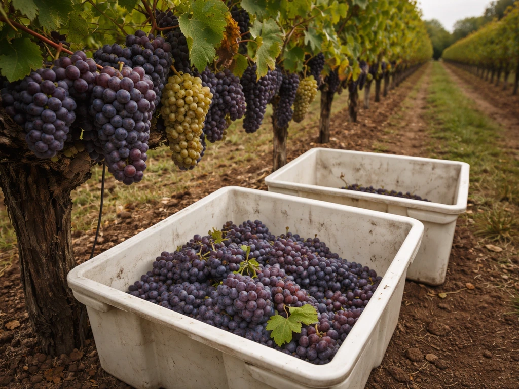 Late-September grape harvest in Wisconsin: ripe grape clusters picked into bins beside trained vines.