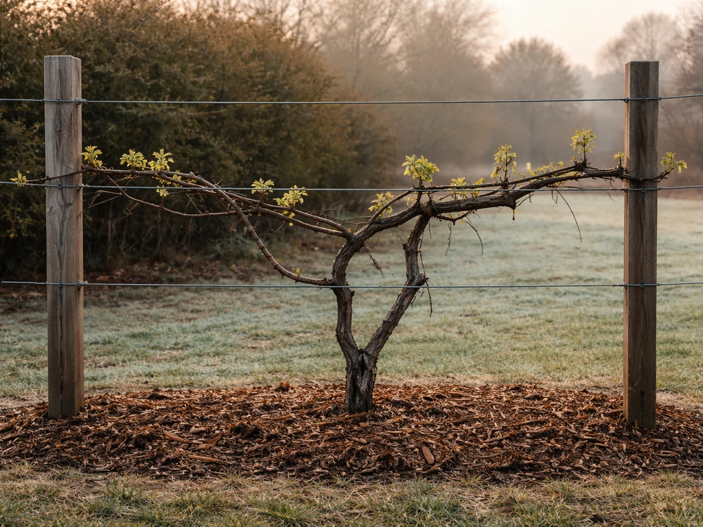 Cold-hardy grapevine on a simple trellis in an Oklahoma backyard with crisp morning light and new buds.
