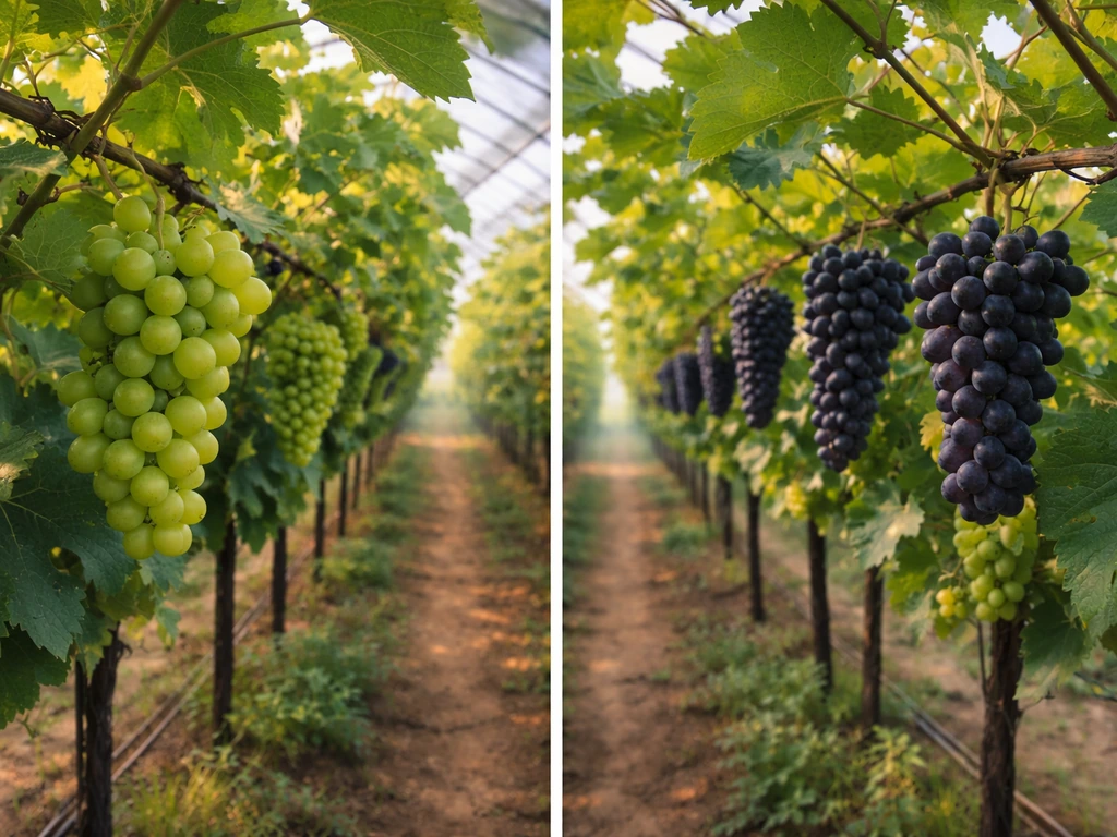 Two adjacent grapevine rows showing fresh green table grapes and darker wine grapes in Oklahoma garden setting.