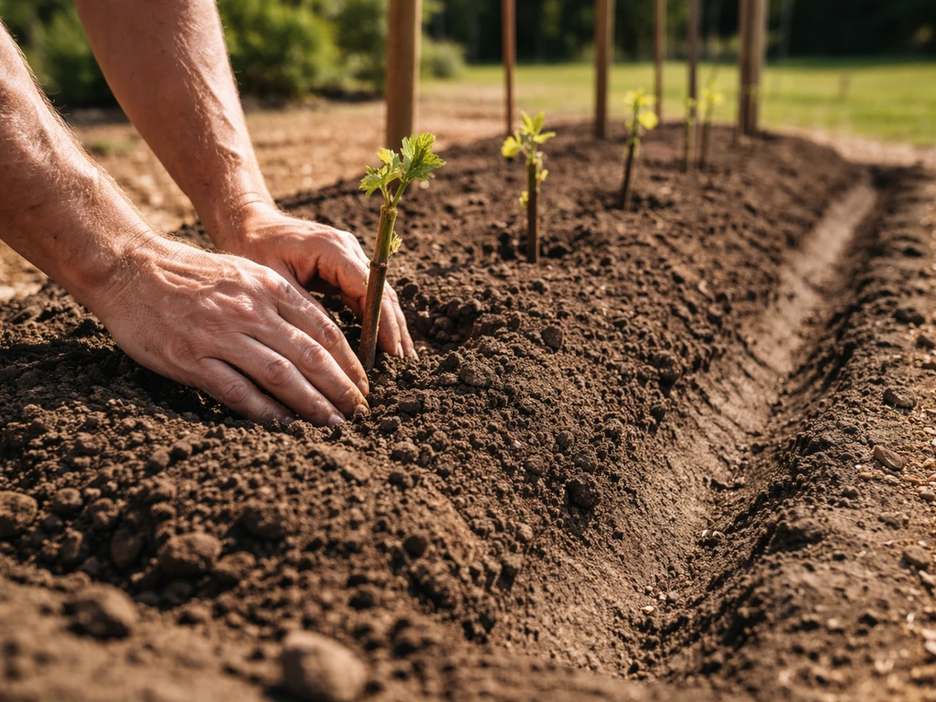 Sunlit grape planting spot with amended soil on a slight raised mound and clear drainage angle.