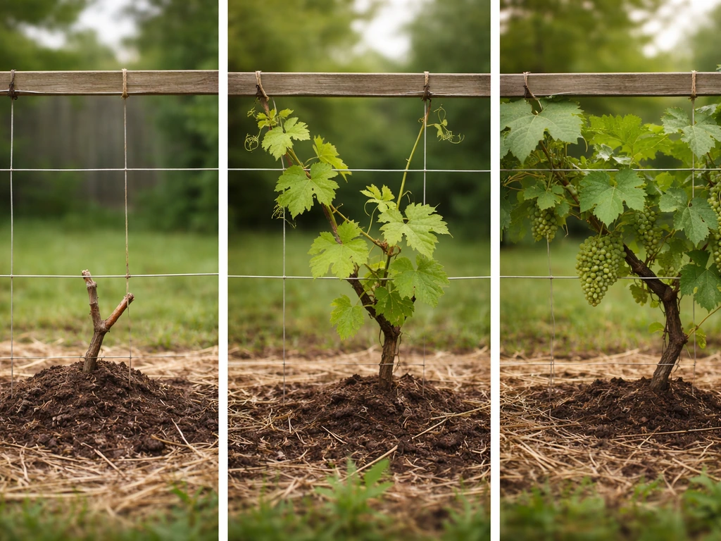 Three-stage progression of an anonymous grapevine on a simple trellis from dormancy to leafy growth and early clusters