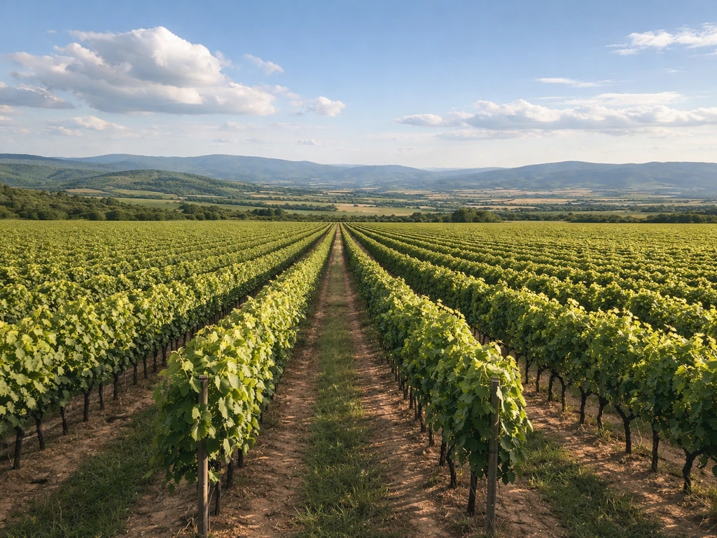 Panoramic view of grapevine rows in a vineyard stretching to a varied horizon under a clear sky.