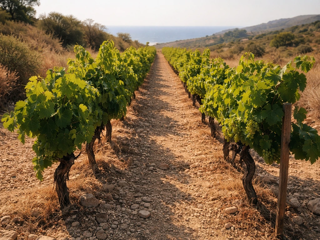 Sunlit grapevines in dry rocky soil with a hazy Mediterranean coastline in the background.