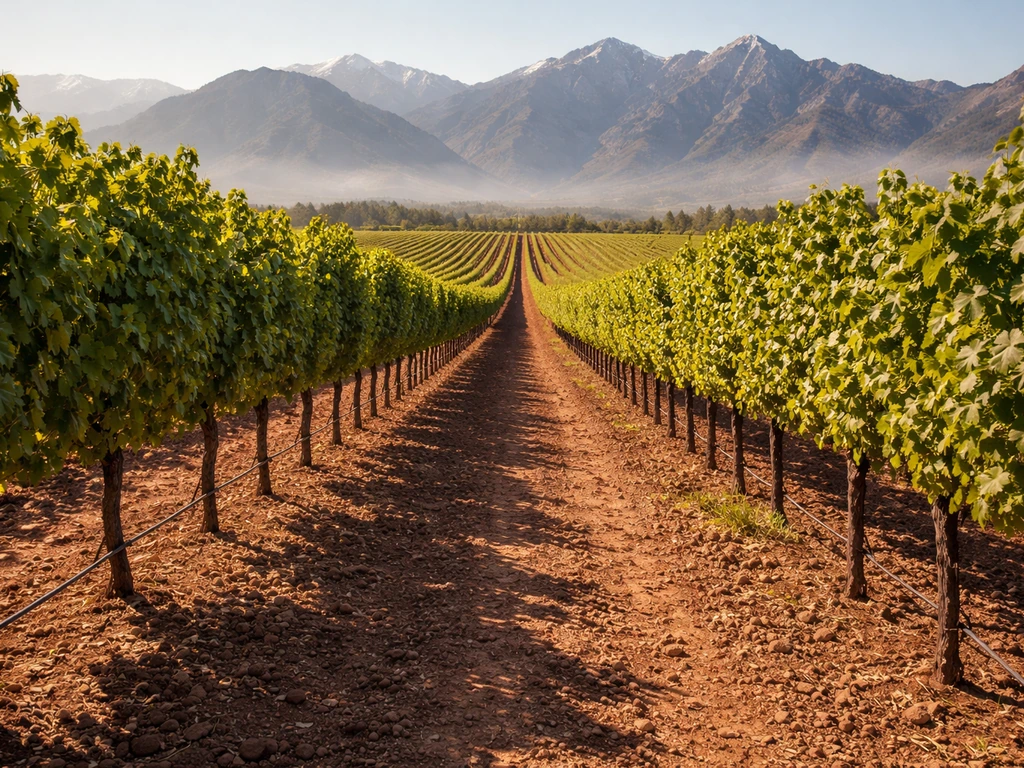 Vineyard rows in Mendoza-like terrain with a dramatic mountain backdrop at golden hour.