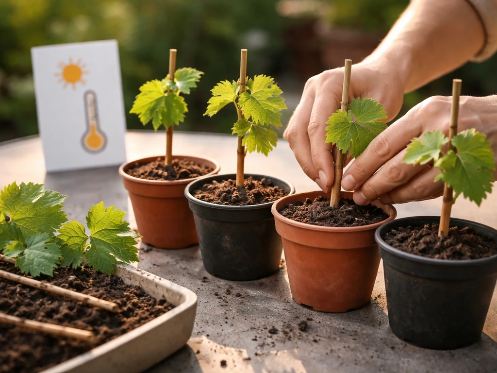 Home gardener holds grape cuttings in small pots beside a sun-and-climate themed card