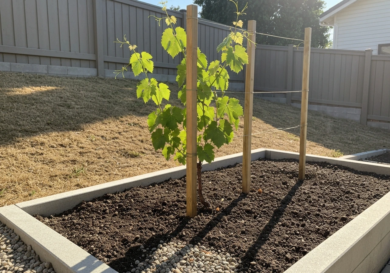 At-home grapevine in a raised, well-drained garden bed catching full sunlight