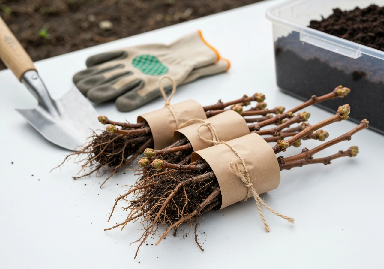 Close-up of bare-root grapevine cuttings packaged for planting with gardening gloves, shovel, and compost/soil.