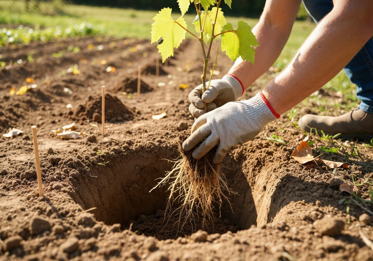 Gloved hands spreading vine roots in a prepared hole on a sunny garden slope, spacing visible in soil