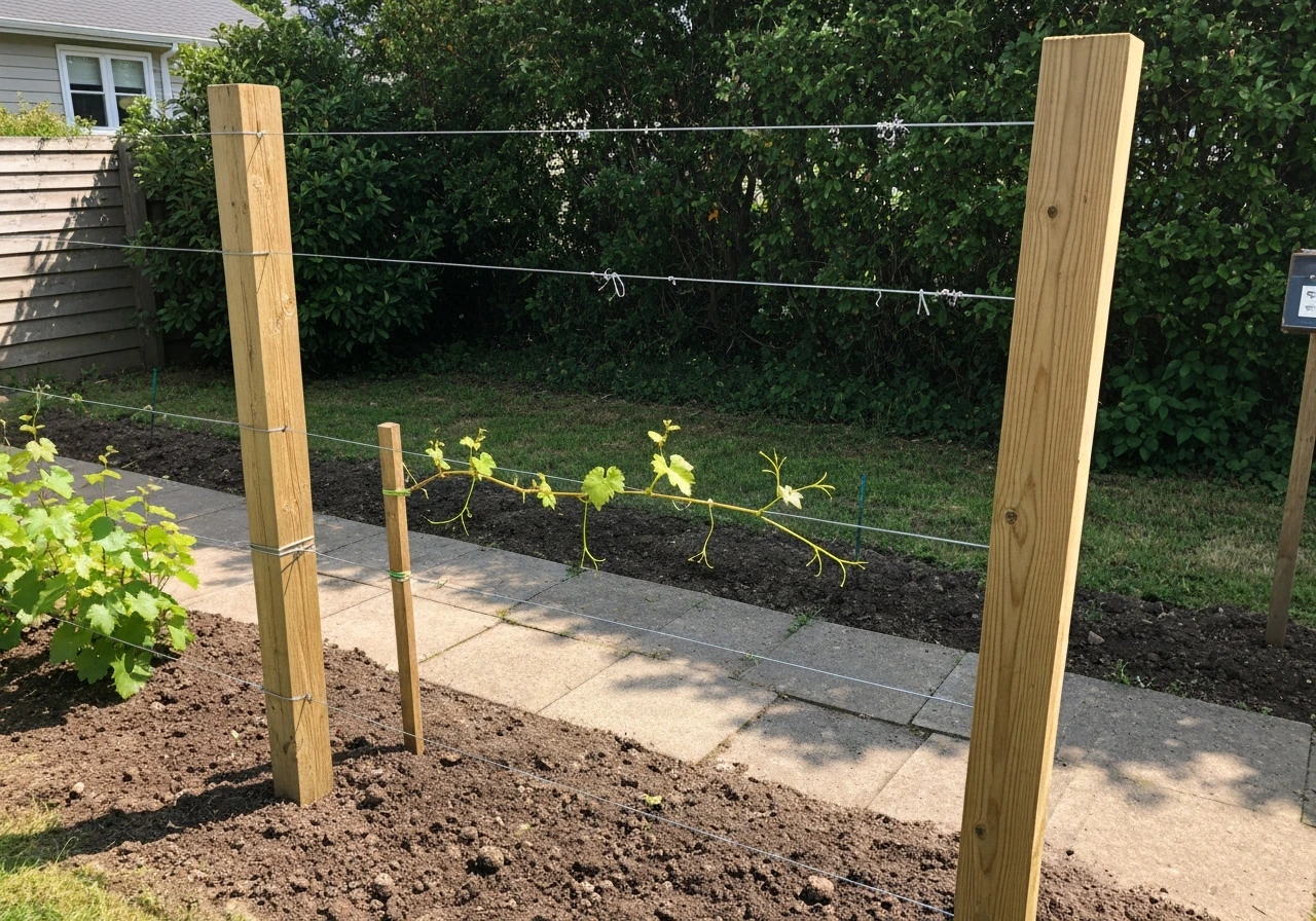 Two-wire grape trellis with wooden posts and taut wires at 3 ft and 5–6 ft, with young vines trained.