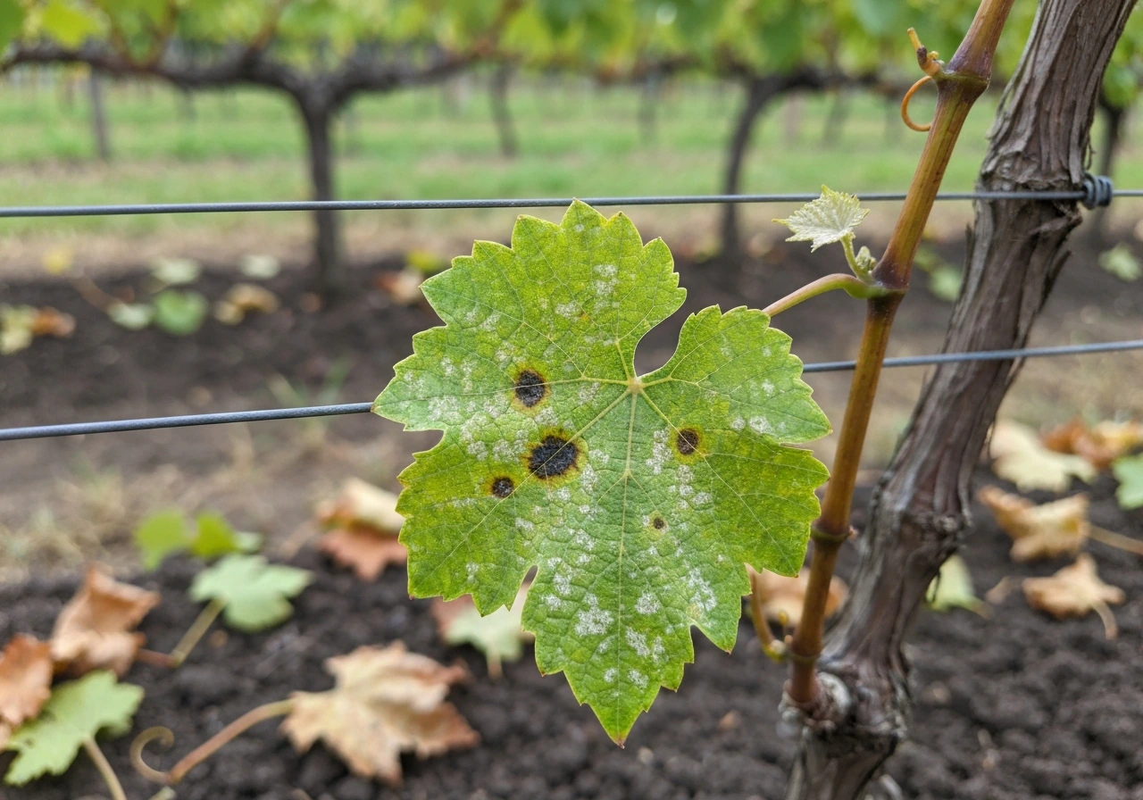 Close-up grape leaf showing powdery mildew spots near a vine cane with fallen leaf debris on soil