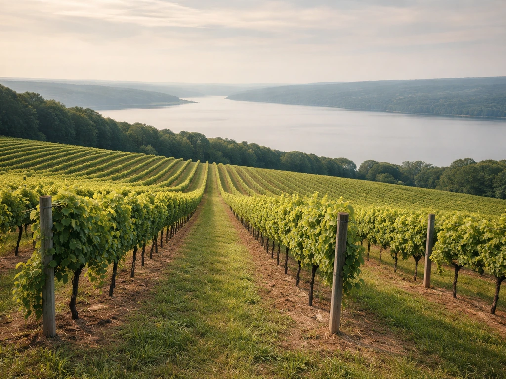 Green Finger Lakes vineyard rows on sloped hills with the lake visible in the distance.