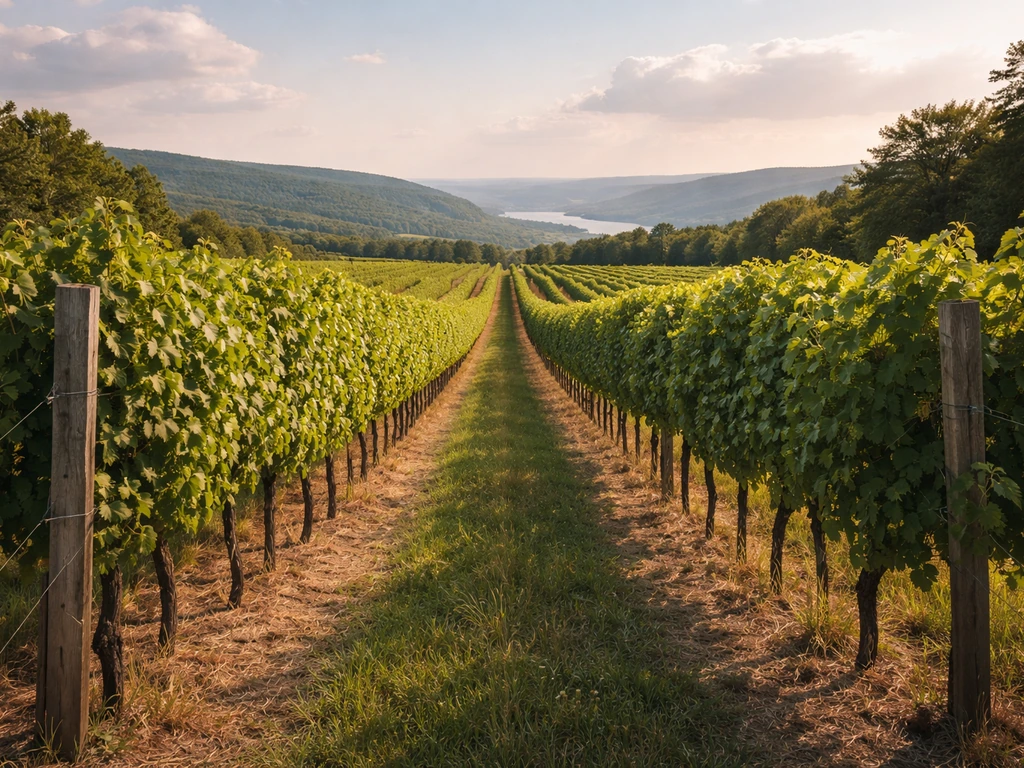 Vineyard rows in the Finger Lakes under warm summer sky, suggesting mild-warm growing conditions.
