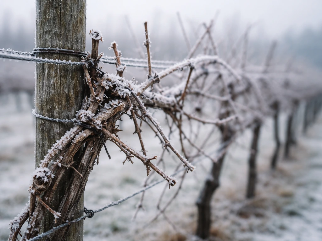 Frosted dormant grapevine canes on a winter trellis, suggesting reliable winter cold.