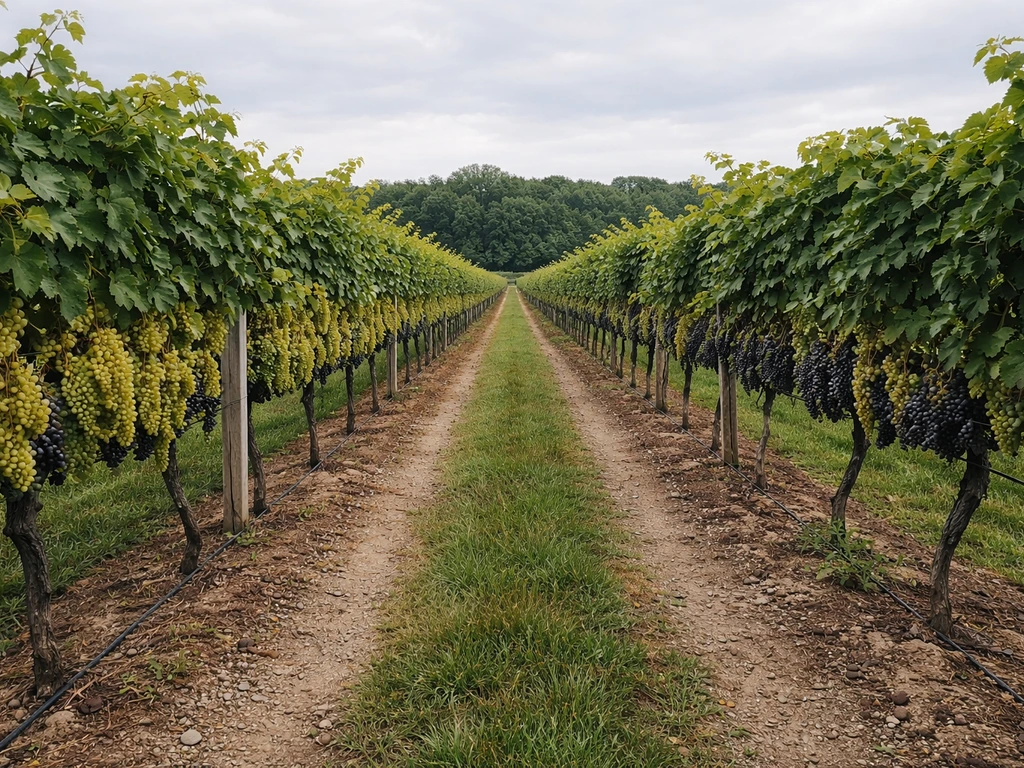Finger Lakes vineyard rows with grape clusters at different ripening stages under natural light.