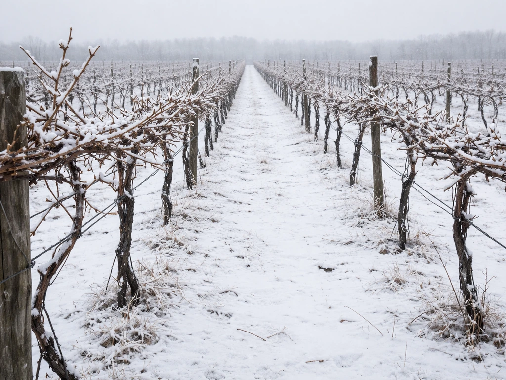 Dormant grapevines on a trellis with frost and light snow, showing vines surviving winter conditions.