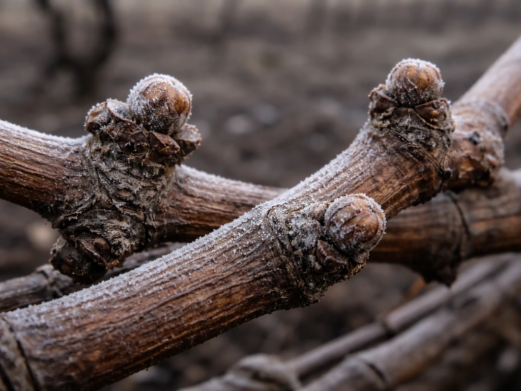 Close-up of dormant grapevine canes and winter buds, showing dormancy with no leaves.