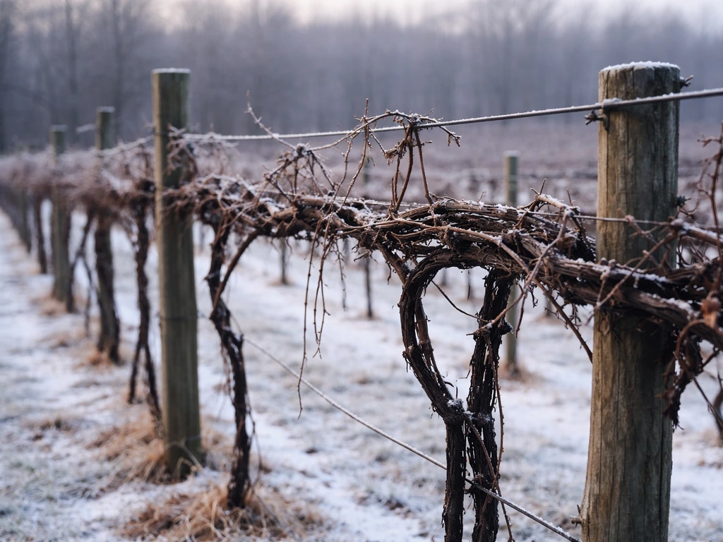 Dormant grapevine vines on a wooden trellis in light snow and frost during winter.
