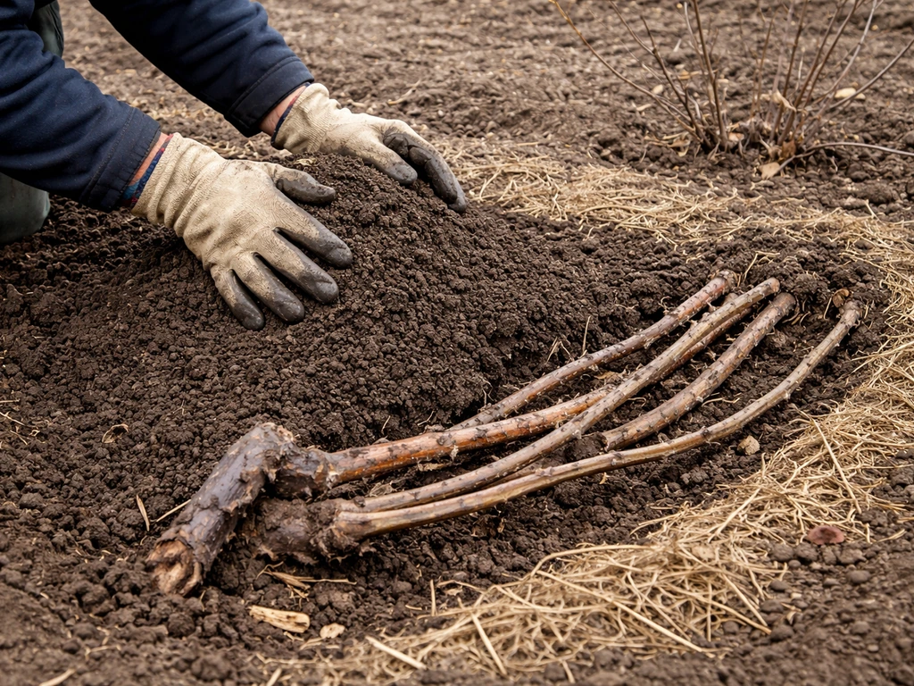 Gardener mounding soil over a grapevine crown and burying canes for winter protection.