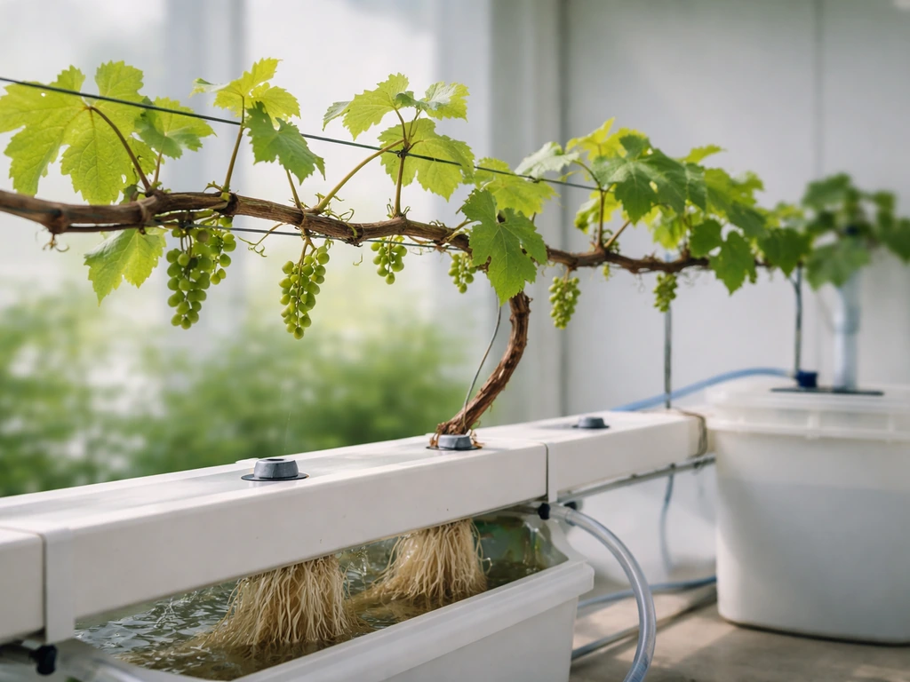 Indoor hydroponic grapevine trained on a trellis with emerging grape clusters and simple NFT containers.