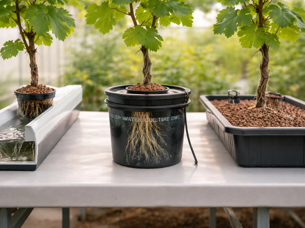 Three hydroponic setups side by side showing grape root-zone options: NFT channel, DWC bucket, and drip in grow medium.