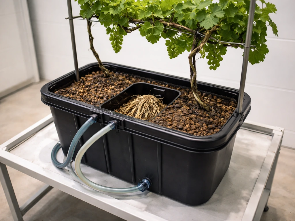 Overhead angled view of one hydroponic grapevine container with visible root tubing and trellis wires.