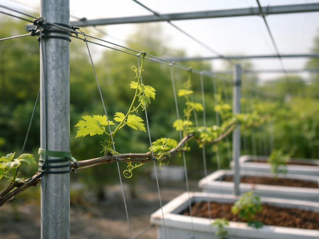 Close-up of a vertical trellis over grape hydroponic containers with training wires and ties.
