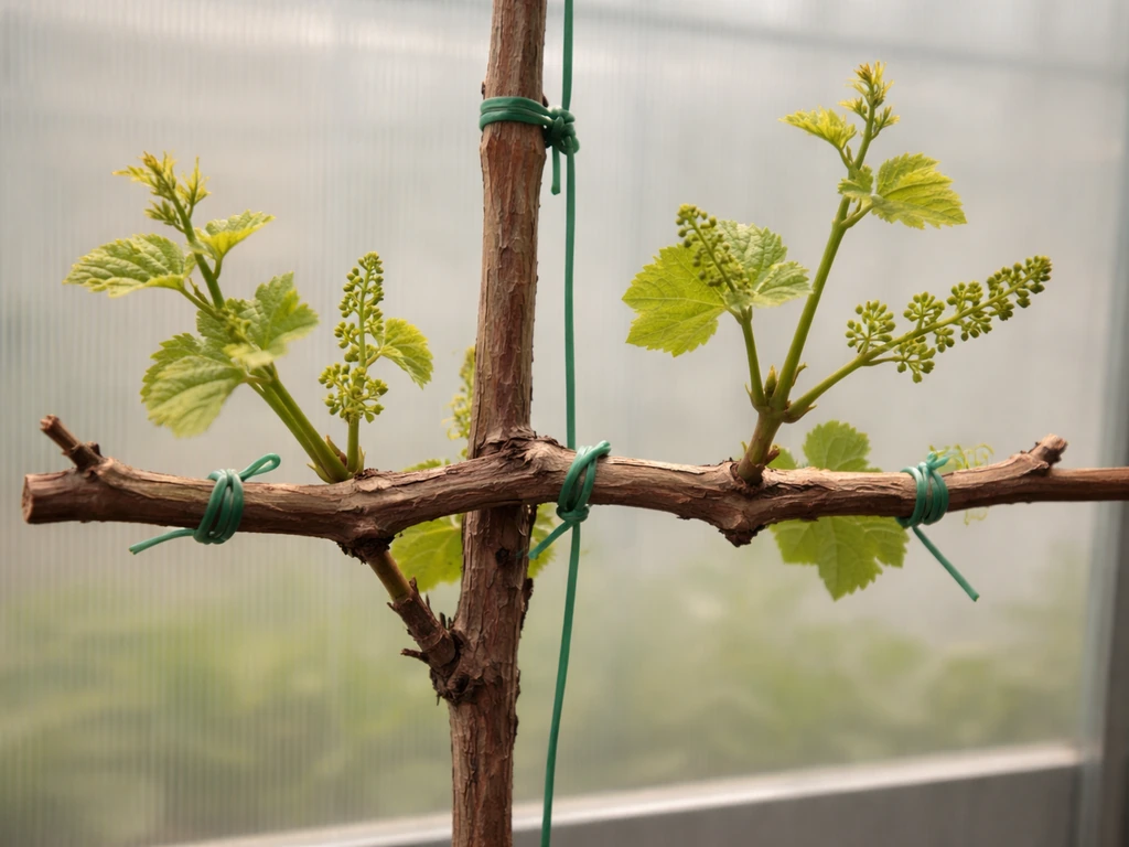 Hydroponic grapevine showing retained one-year-old wood, pruning ties, and flower clusters for fruiting