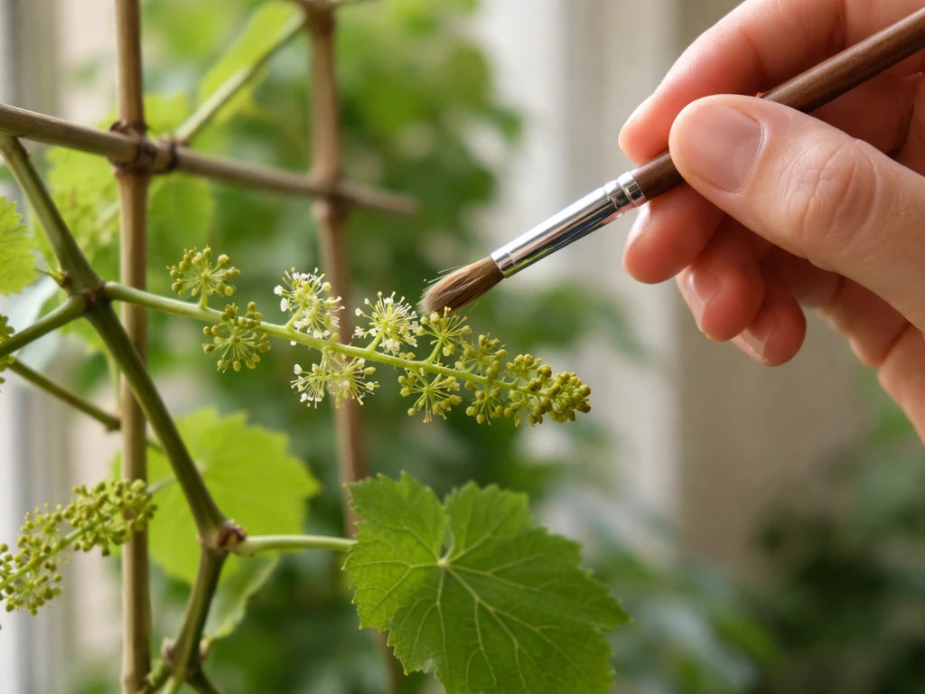 Hand gently brushing grape blossoms indoors to pollinate them on a vine trellis.