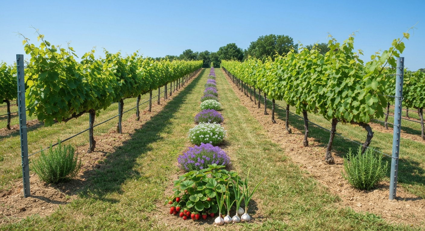 Vineyard in early summer with grapevines, an inter-row insectary strip of phacelia and buckwheat, herbs near trellis ends, and creeping thyme under the vines.