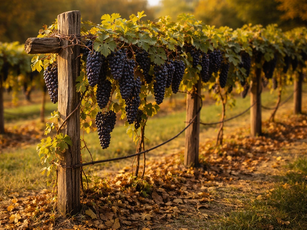 Ripe grape clusters on a wooden trellis in a fall farm field, ready to harvest.