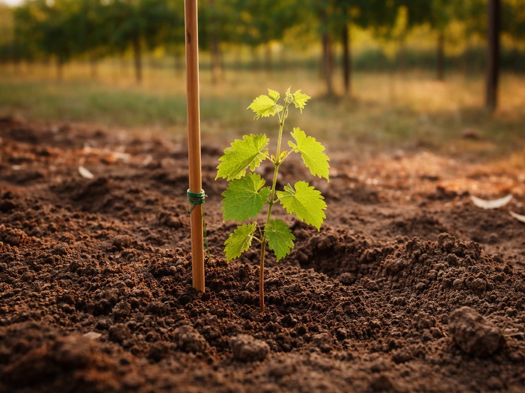 Close view of grape starter vines planted outdoors as late summer turns to fall in a quiet garden bed.