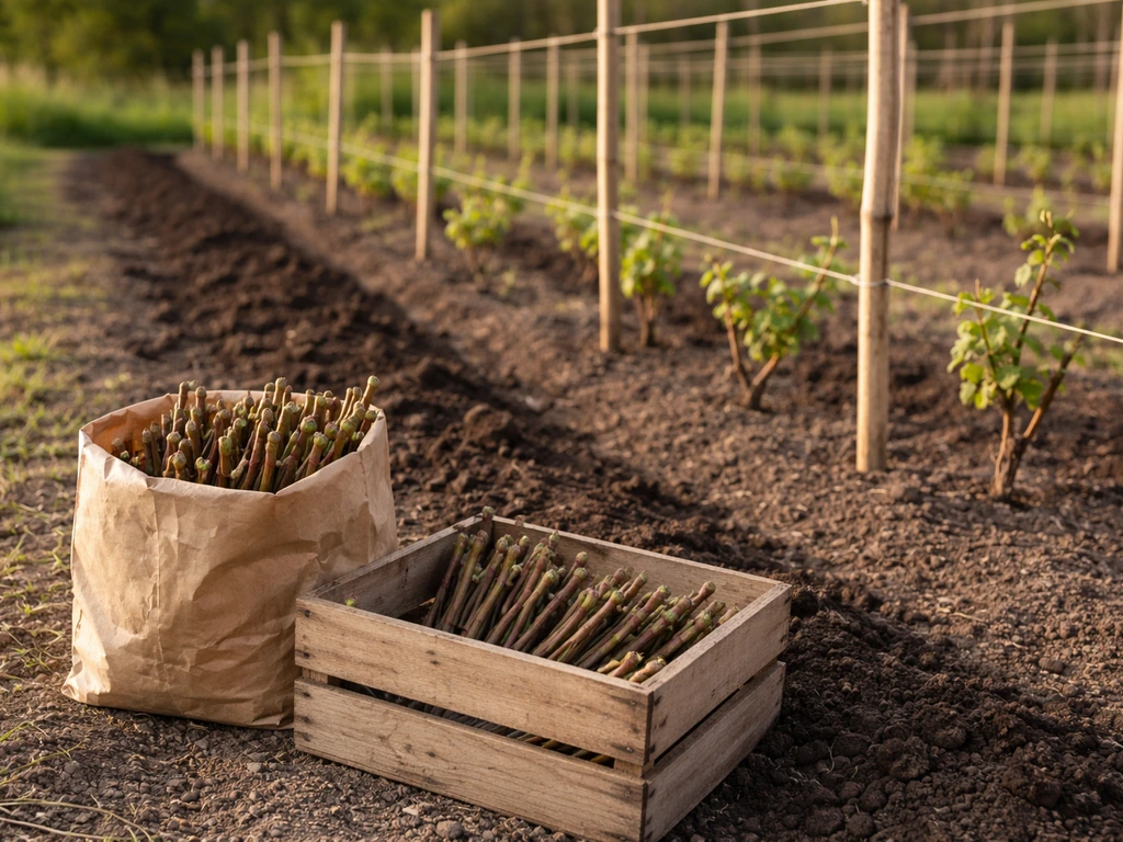 Open crate of grape starter cuttings beside dark soil and a simple trellis in a small farm row.