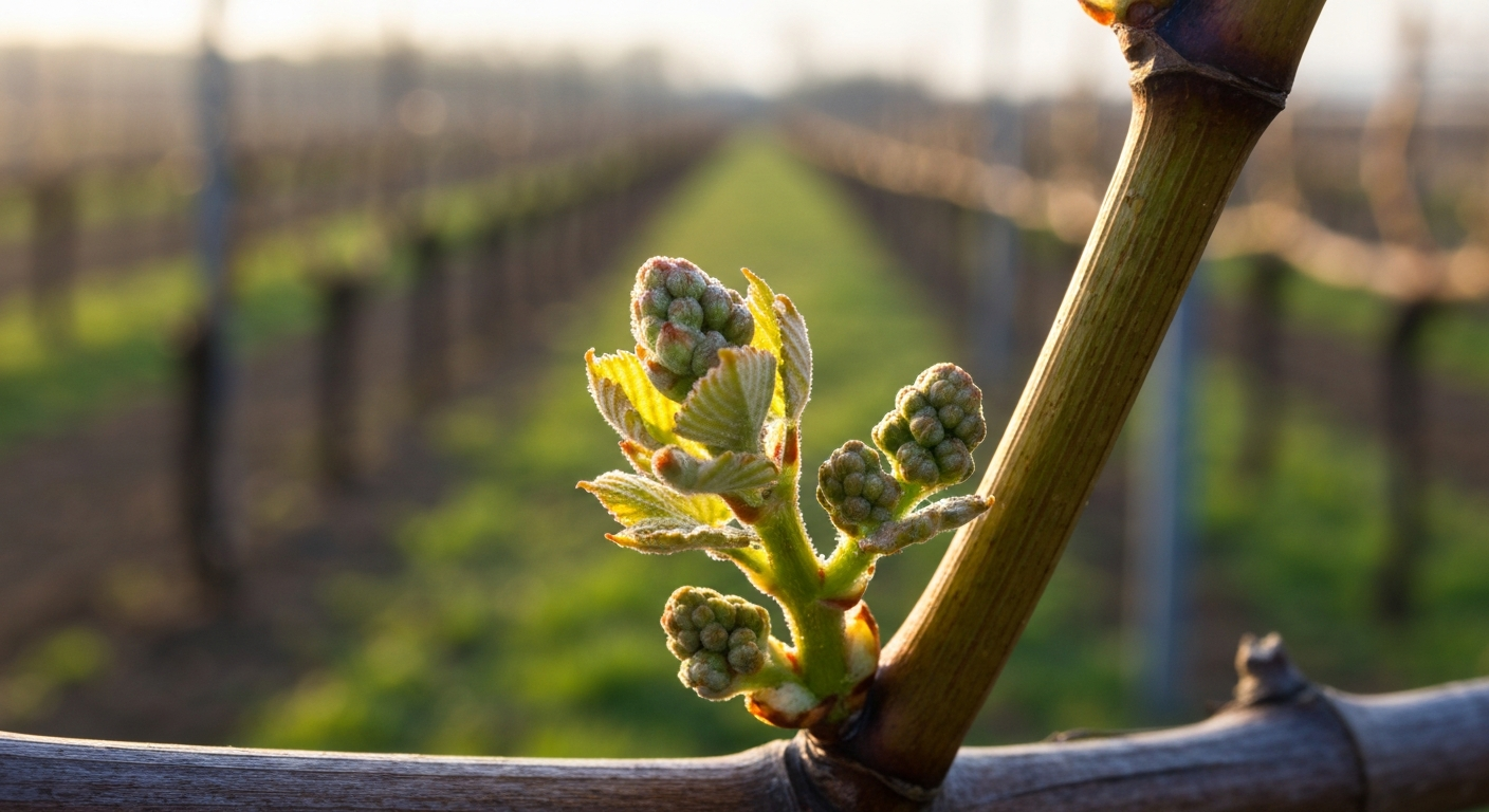 Close-up of grapevine cane showing green-tip buds and emerging shoots at budbreak, morning light and dewdrops.