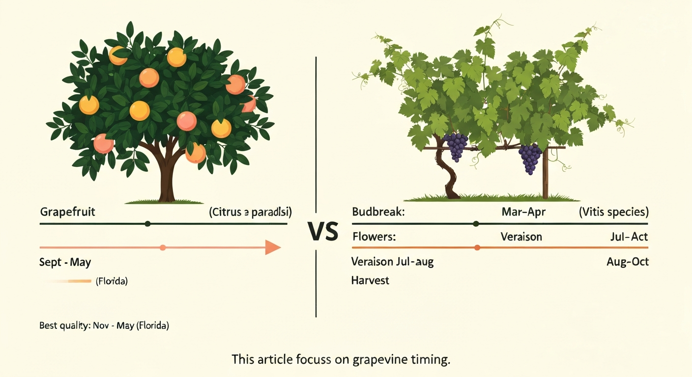 Split illustration: grapefruit tree with Sept–May harvest timeline and grapevine on a trellis with Mar–Oct season stages.