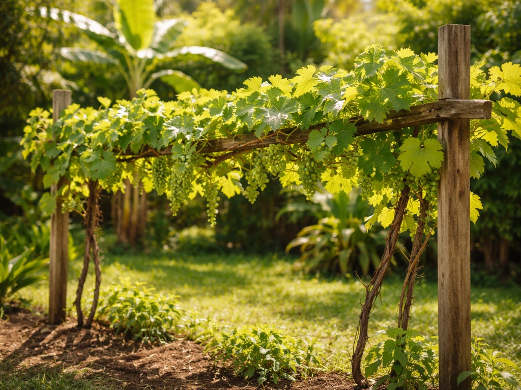 Close view of a grapevine trained on a backyard trellis in warm, sunny Jamaica-like greenery.