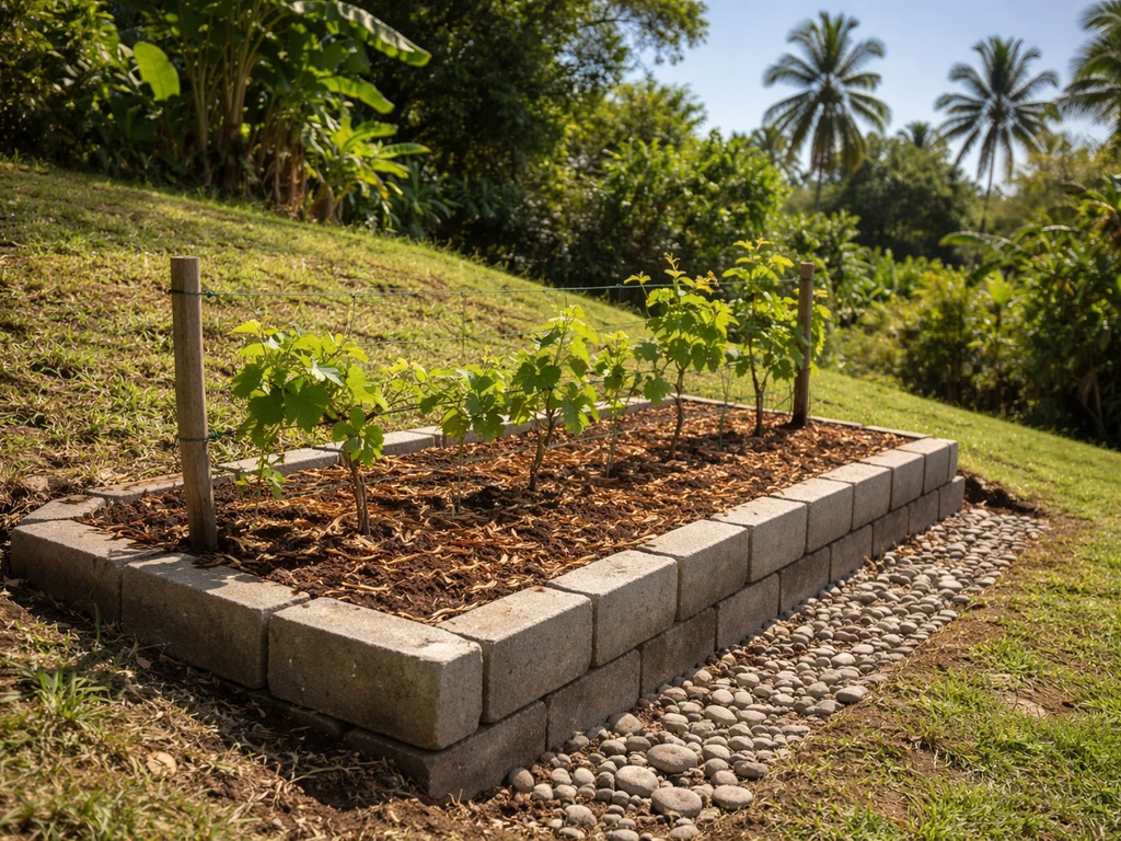 Sunny Jamaican-style hillside garden bed with drainage-friendly raised planting area for grape vines.