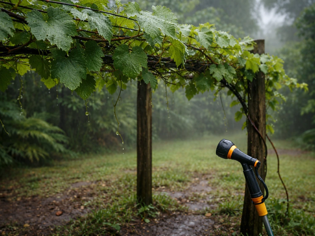 Grape trellis with wet leaves in humid air, with a garden hose sprayer ready nearby.