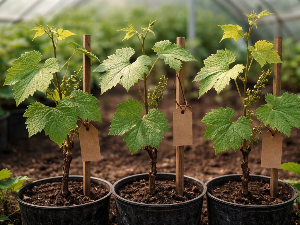 Close-up of young grape vines with distinct leaf and early cluster shapes in a simple nursery row.